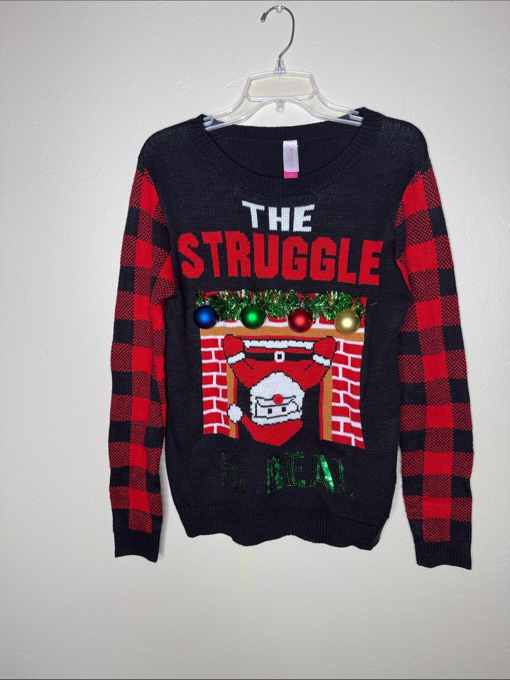Women's Crewneck Ugly Christmas Pullover Sweater - Black with Red Plaid Sleeves